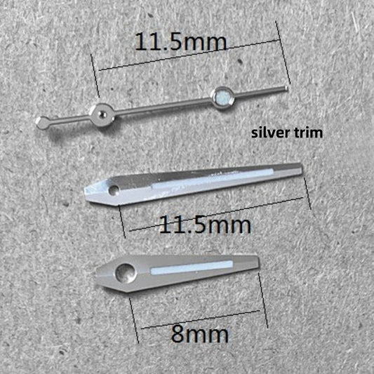 Aiguilles de montre luminescentes argentées 11,5 x 11,5 x 8 mm pour mouvement à quartz Ronda 515