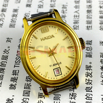 23mm lady watch with golden nail oval case, 17-jewel manual movement, single calendar @6