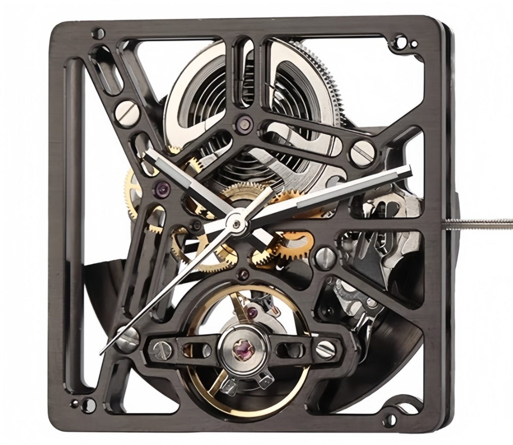 Chinese Hangzhou Square Black 1B01D watch with carved hollow dial and automatic mechanical movement.