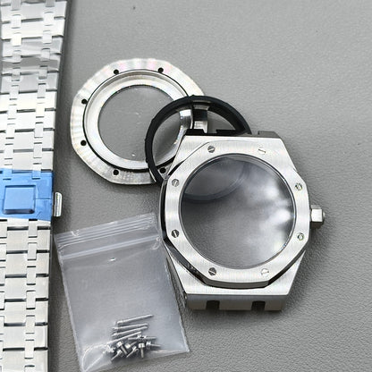 41mm Silver Watch Case Band Set Sapphire Glass Transparent Bottom for NH35 NH36