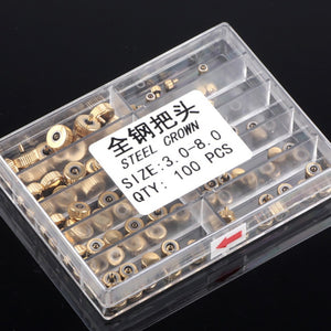 100pcs 3-8mm Golden Stainless Steel Quartz Watch Crowns Kit Set Watch Repair Parts