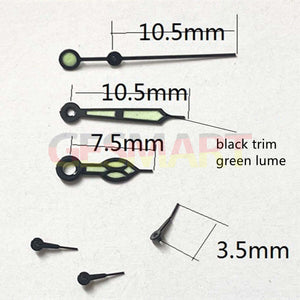 10.5mm Black Trim Green Lume Watch Hands for Miyota OS10 OS20 OS22 OS60 OS80