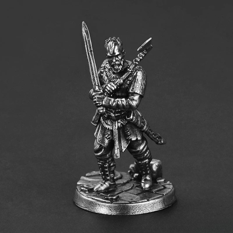 White Brass Figurine Bjarni Warrior Miniature - Mohawk Bearded Swordfighter with Back Axe