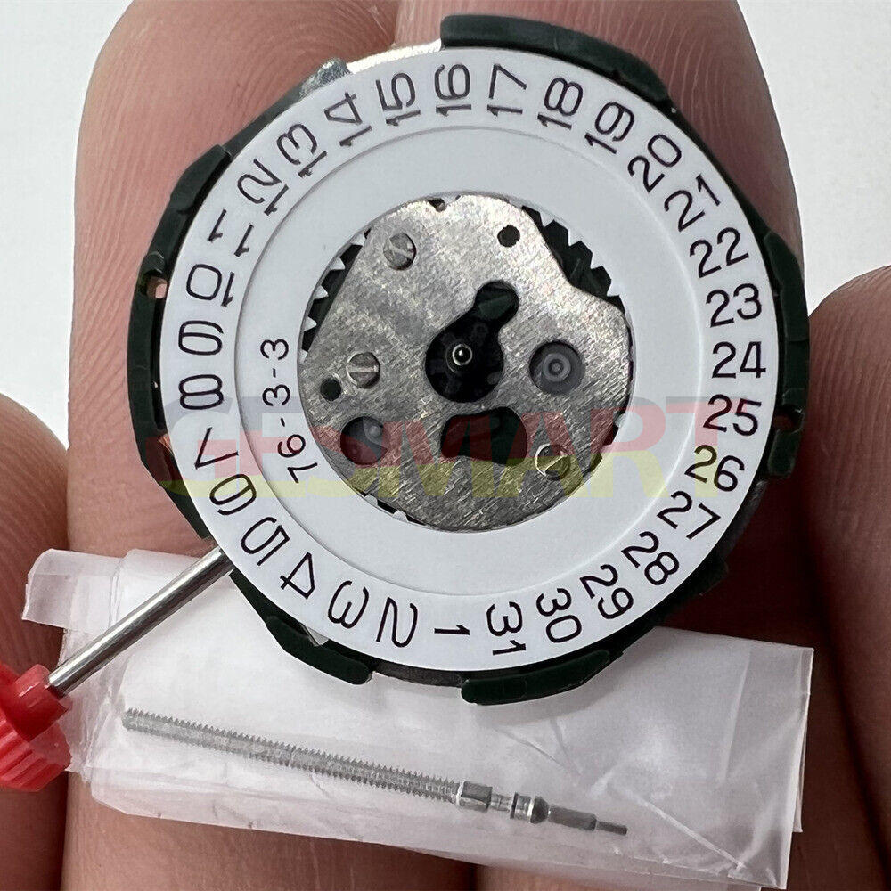 Quartz Miyota 2115 movement with date at 3, 3 hands, and watch stem for precise timekeeping.