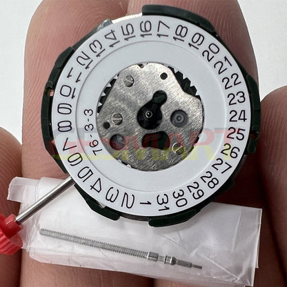 Quartz Miyota 2115 movement with date at 3, 3 hands, and watch stem for precise timekeeping.