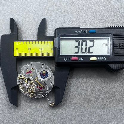 China multifunctional automatic watch with mechanical movement, moon phase at 12 o?clock, and visible flywheel detail