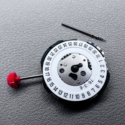Miyota 2115 quartz movement with date at 6 o'clock and watch stem for precise timekeeping.