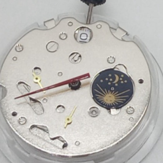 Seagull ST16 mechanical watch movement with moon phase and small seconds at 6/9/12 positions, China made.