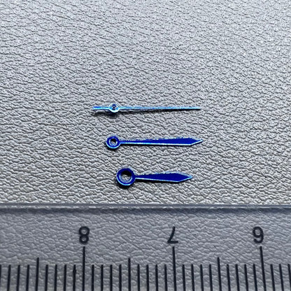 Blue 11mm arrow watch hands set, no lume, compatible with Miyota 2035 movement, brand quality.