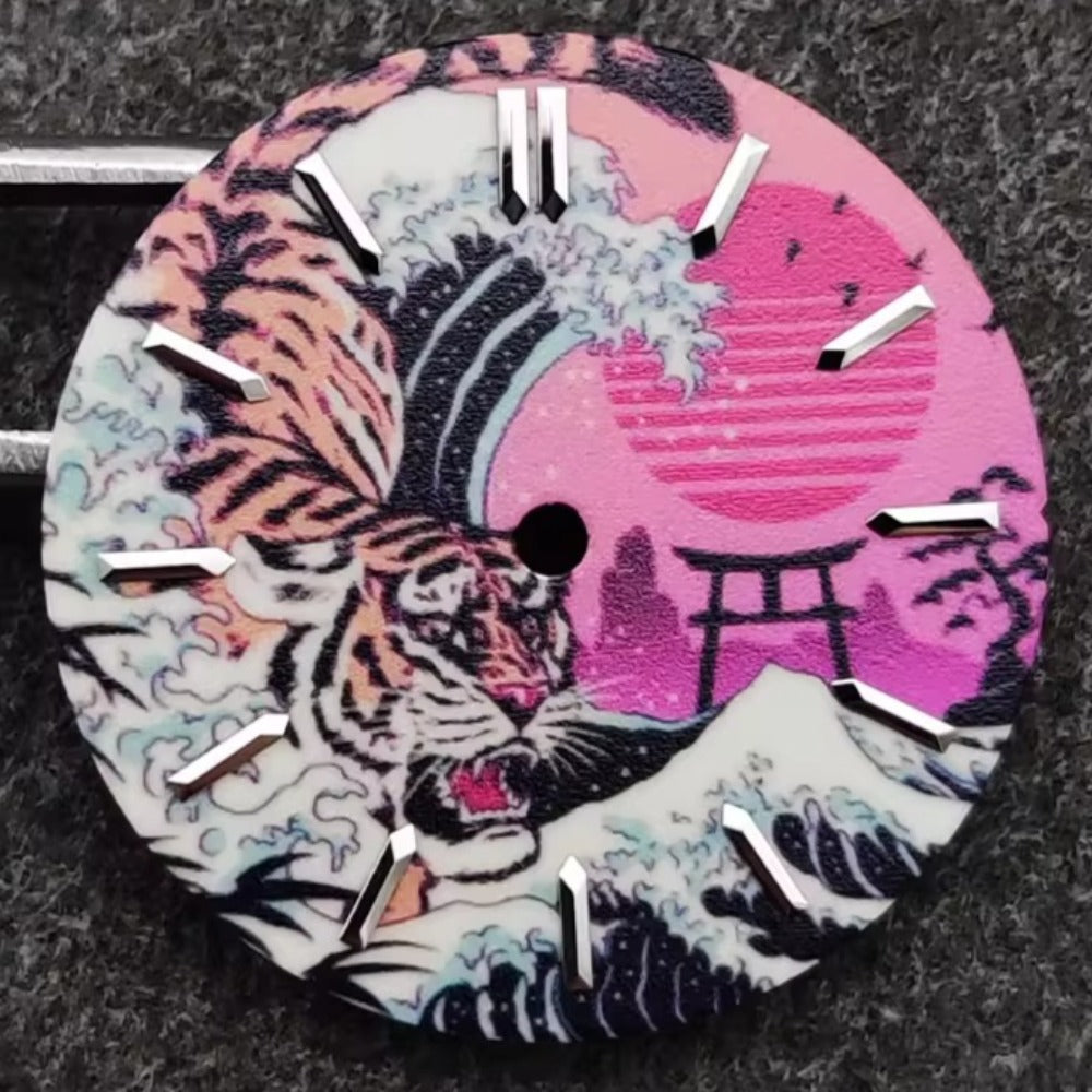 28.5mm Japanese Landscape Painting Tiger Green Lume Watch Dial Fit for NH35 Long Nail