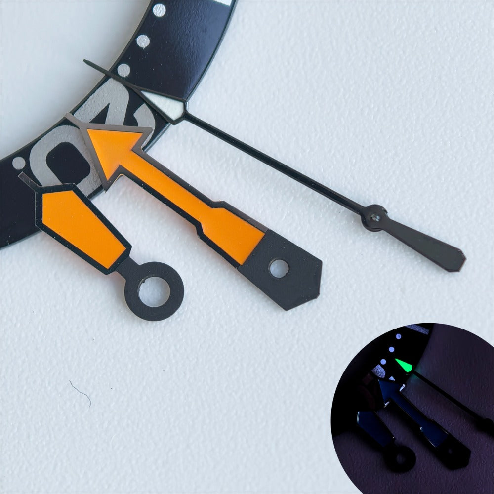 Dark grey trim and orange painted black second hands with green lume for NH35/36 watch movement.