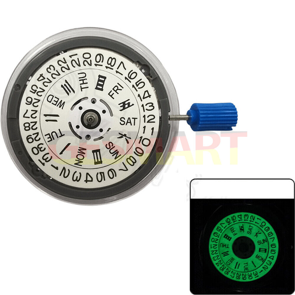 Miyota NH36A automatic watch movement with green lume, white dial, and 3/3.8 crown position for precision timekeeping.