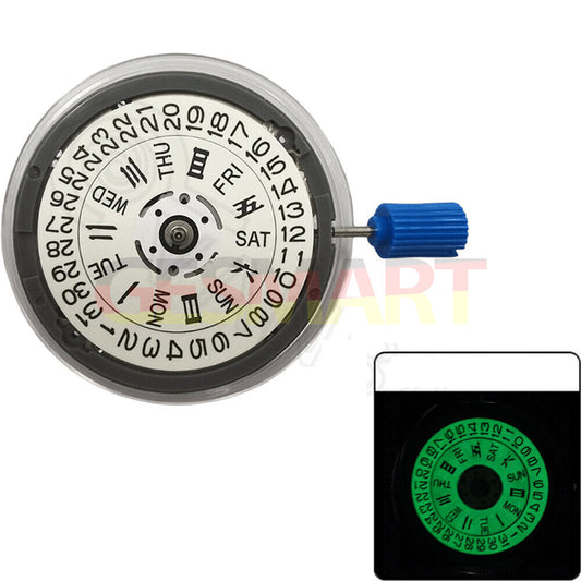 Miyota NH36A automatic watch movement with green lume, white dial, and 3/3.8 crown position for precision timekeeping.