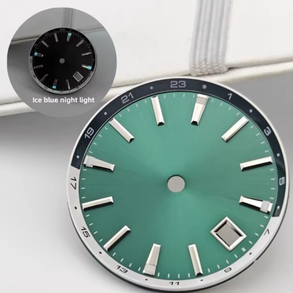 Solid green 32mm Tai Chi Circle watch dial with blue lume, compatible with NH34 for 44mm cases.