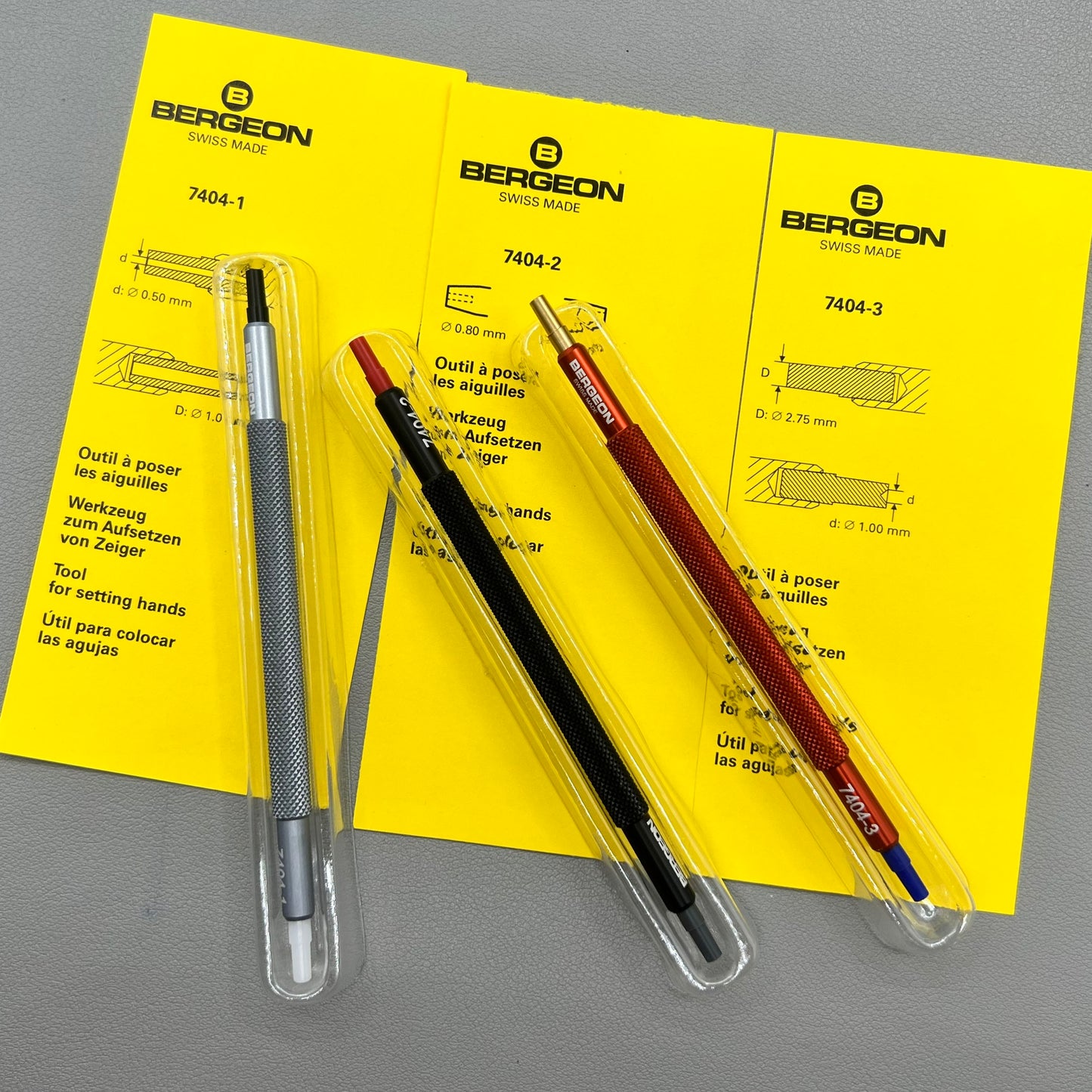 Swiss Bergeon 7404 watch hand fitting tools, precision set of 3 for professional watch repairs.