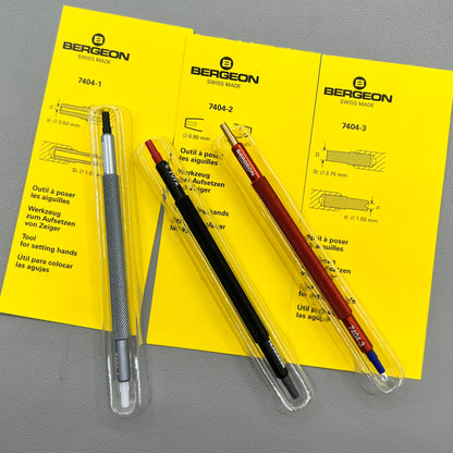 Swiss Bergeon 7404 watch hand fitting tools, precision set of 3 for professional watch repairs.