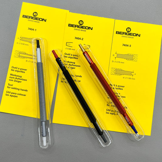 Swiss Bergeon 7404 watch hand fitting tools, precision set of 3 for professional watch repairs.