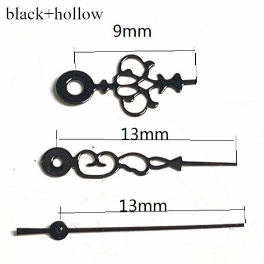 Black hollow floral watch hands with trim, compatible with Miyota 2035 quartz movement, precise design.