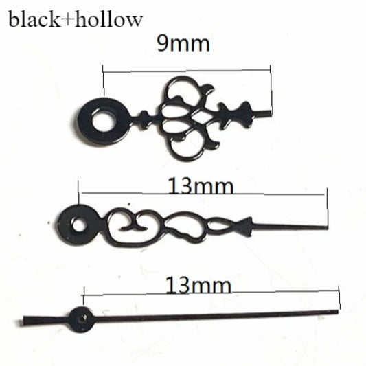 Black hollow floral watch hands with trim, compatible with Miyota 2035 quartz movement, precise design.
