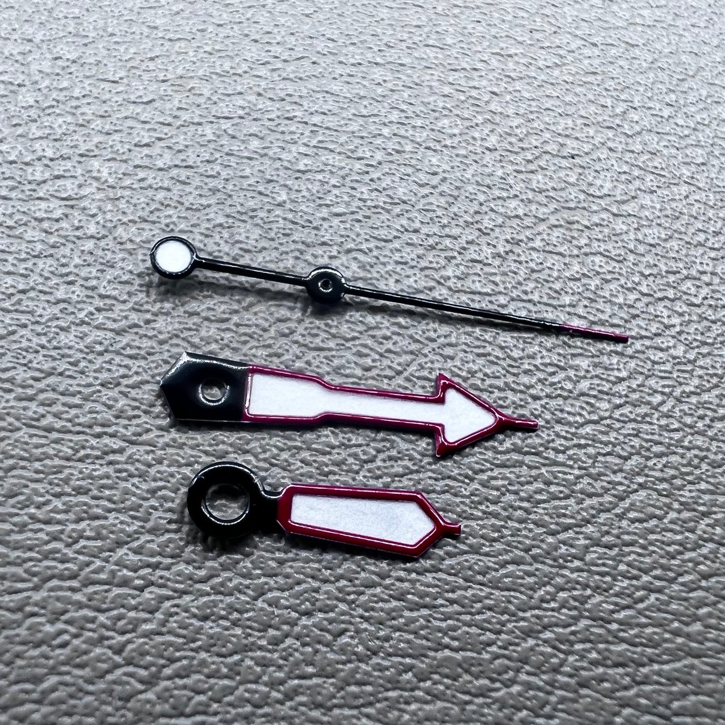 Green lume arrow-shaped watch hands with red trim, compatible with NH35 NH36 movements,.