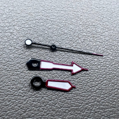 Green lume arrow-shaped watch hands with red trim, compatible with NH35 NH36 movements,.