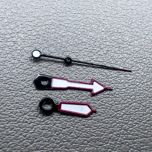 Green lume arrow-shaped watch hands with red trim, compatible with NH35 NH36 movements,.