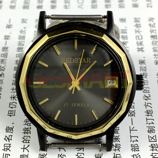 China Made Manual mechanical watch with 17 jewels, single calendar, black dial, and black case for elegant timekeeping.