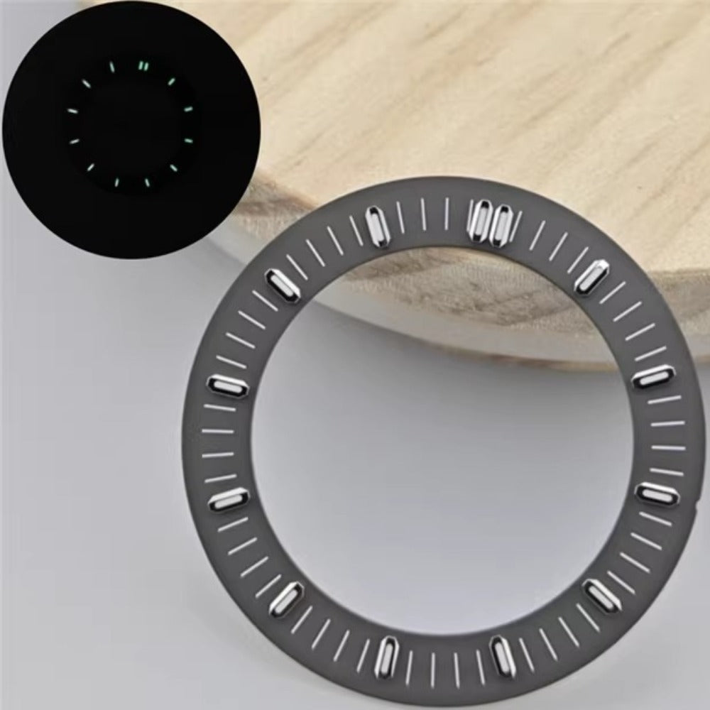 Dark grey 31mm hollow watch dial with green lume, compatible with NH70/NH35/NH36 movements by APP Oak Tree.