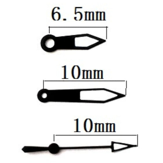 Aiguilles de montre 10 x 10 x 6,5 mm avec bordure noire et luminescentes vertes pour mouvement à quartz Miyota 2035