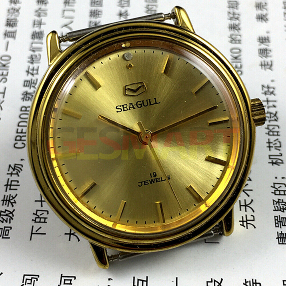 35mm golden case Tianjin Seagull watch with round dial, manual mechanical movement, classic style for elegant wear.