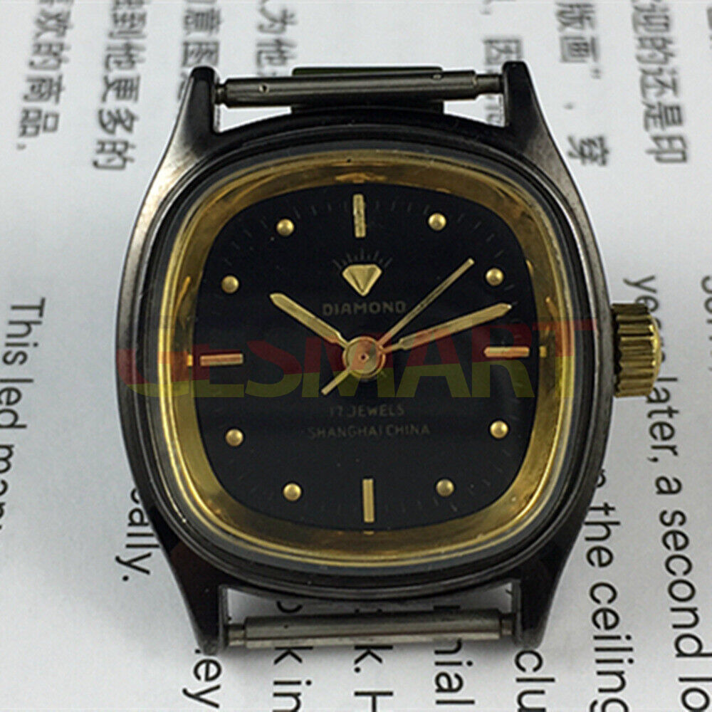 26mm SHANGHAI DIAMOND square manual mechanical lady watch with black dial and case, elegant design.