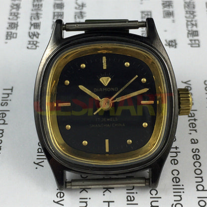 26mm SHANGHAI DIAMOND square manual mechanical lady watch with black dial and case, elegant design.