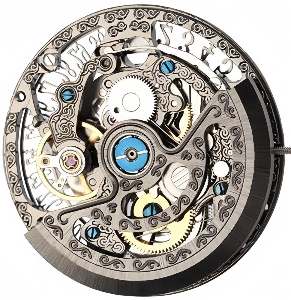 Chinese Hangzhou Hollow Black 27A0D automatic watch part with visible mechanical movement details.