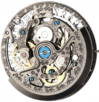 Chinese Hangzhou Hollow Black 27A0D automatic watch part with visible mechanical movement details.