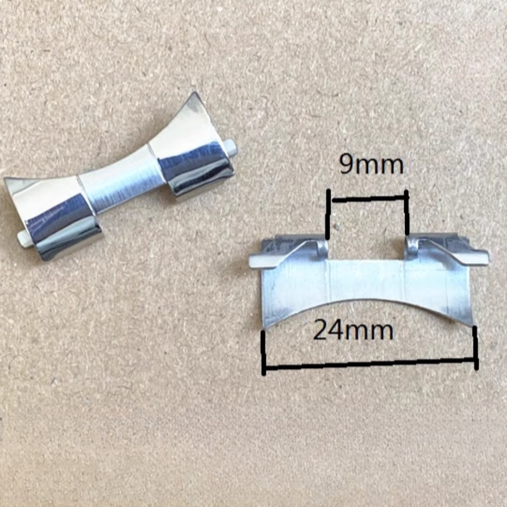 Bracelet de montre en acier inoxydable argenté 9 x 24 mm avec maillons incurvés et barrettes à ressort #1127
