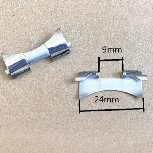Bracelet de montre en acier inoxydable argenté 9 x 24 mm avec maillons incurvés et barrettes à ressort #1127