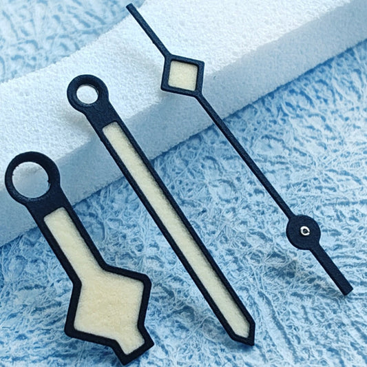Snowflake-style black trim vintage watch hands with C3 orange lume for NH34 NH35 NH36 NH38 movements.