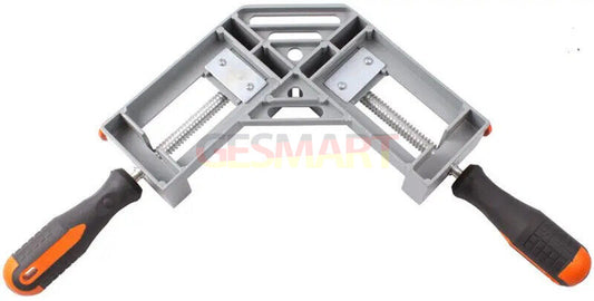 Double handle 90-degree corner clamp, aluminum alloy for precise woodworking alignment.