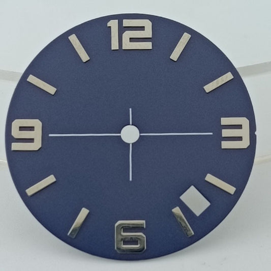 Blue 28.5mm metal counting style watch dial for NH36, no lume, branded for precise timekeeping.
