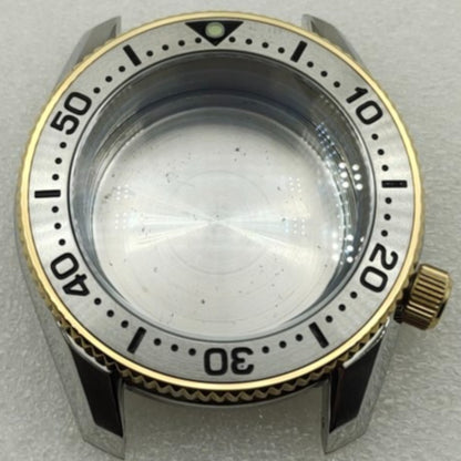 42mm silver polished watch case with golden bezel, compatible with SPB185/SPB187J1 and NH35/36/4R/6R movements.