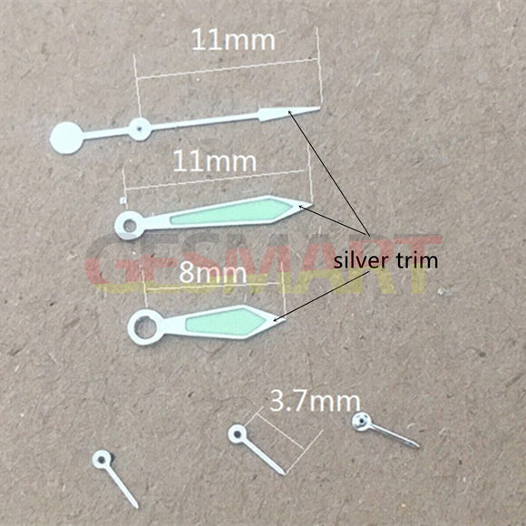 Silver Trim Arrow Shape Green Lume Watch Hands for Miyota OS10 OS20 OS60 OS80