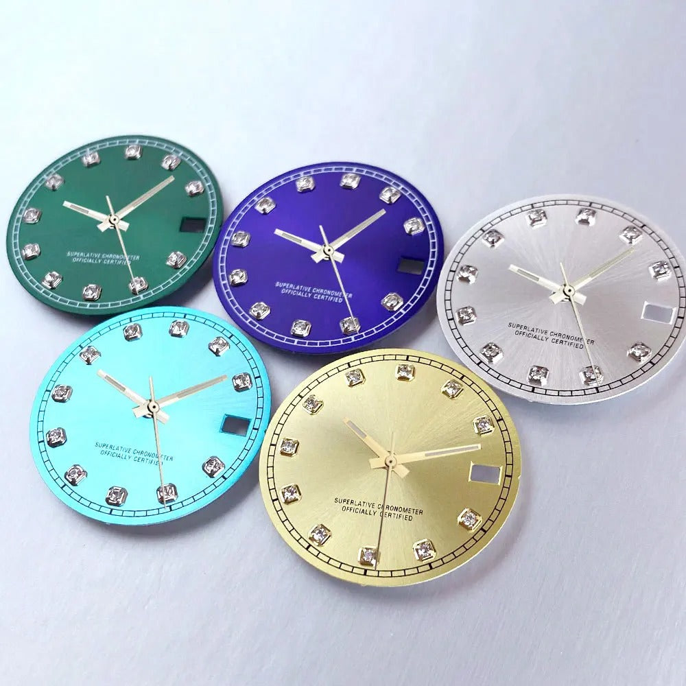 Mod Diamond Index 28.5mm watch dial in silver blue green, compatible with NH35A NH36A automatic movements.