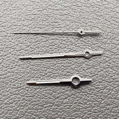 Silver trim watch hands with green luminous tips for ETA 2892, 2846, 2836, 2824 movements, perfect for precise timekeeping.