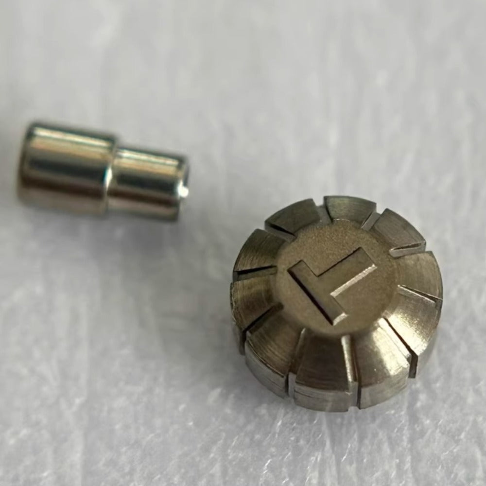 Dark silver matted steel watch crown for Tissot T069417, durable replacement part for repairs.