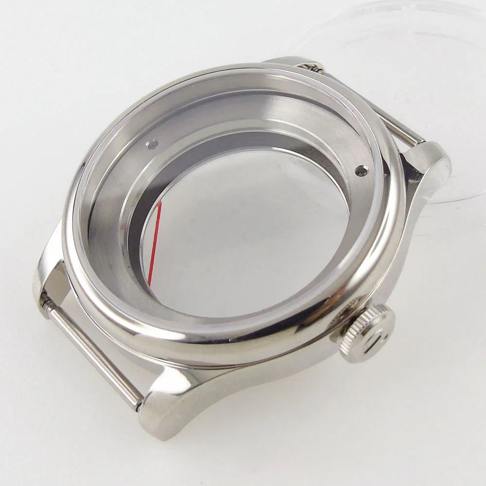 39mm watch case with sapphire crystal back for MIYOTA 8215 automatic movement, durable wristwatch part.