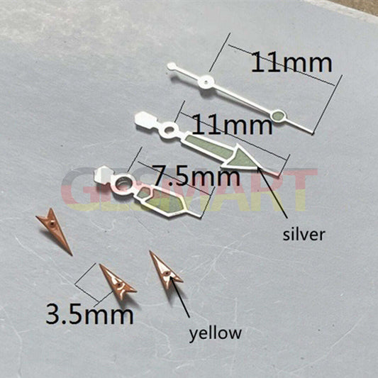 Aiguilles de montre luminescentes vertes argentées de 11 mm pour Miyota OS10, OS20, OS22, OS60, OS80, OS11