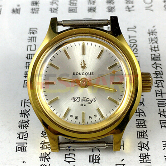 27mm Kongque manual mechanical watch with silver dial, golden markers, 19 jewels, China-made.