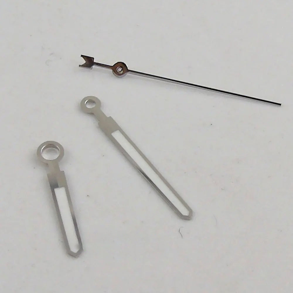 Silver watch hands compatible with Miyota 8215, 8205, Mingzhu 2813 movements by H34, precise fit.