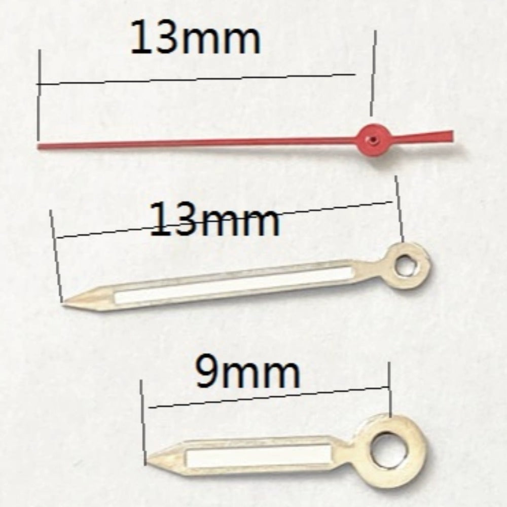13mm silver watch hands with red second hand, compatible with Miyota 2035 quartz movement, precision fit accessory.