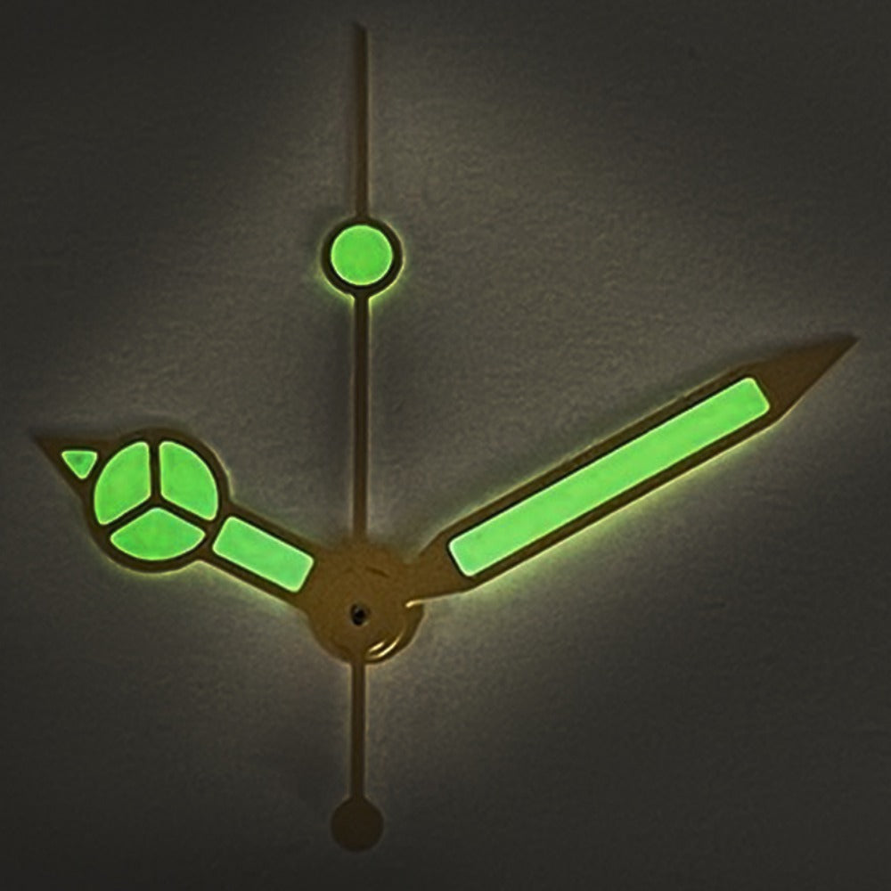 Golden Trim C3 Green Lume vintage watch hands for NH34 NH35 NH36 series with luminous tips, perfect for watch repairs.